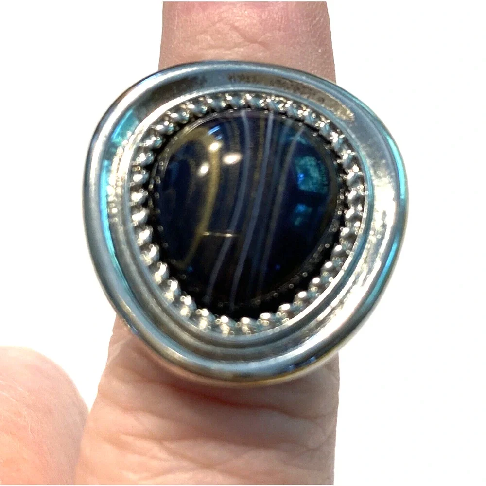 Cocktail Ring Silvertone Black Brown Stone Mod Abstract Fashion Jewelry Sz 5.75